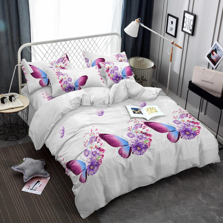 Pościel 140x200 bawełna satynowa 3D Cotton World gruba 2 części 370 motyl i kwiaty