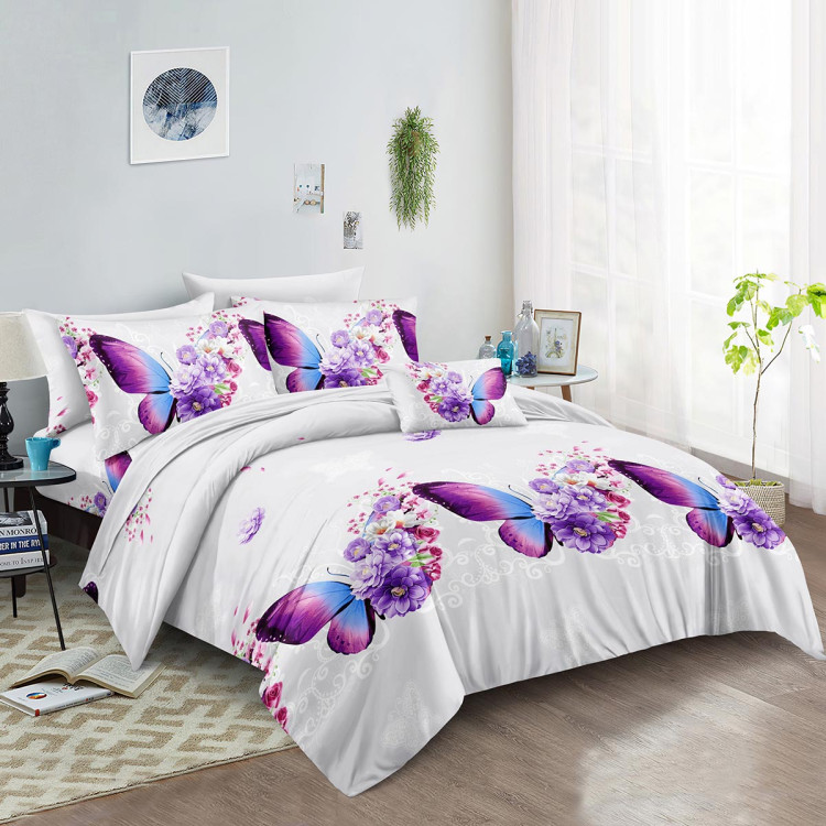 Pościel 140x200 bawełna satynowa 3D Cotton World gruba 2 części 370 motyl i kwiaty