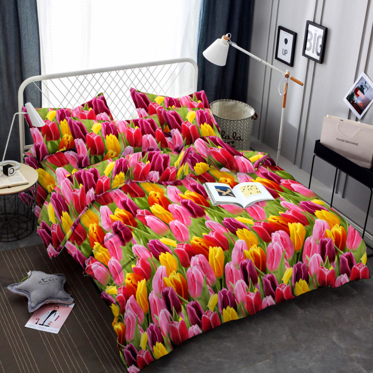 Pościel 200x220 bawełna satynowa 3D Cotton World gruba 3 części 2472 tulipany