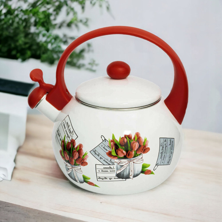 Czajnik tradycyjny z gwizdkiem emaliowany 2,2 litra MeyerHoff TR 80 Gift Flower biały w kwiaty