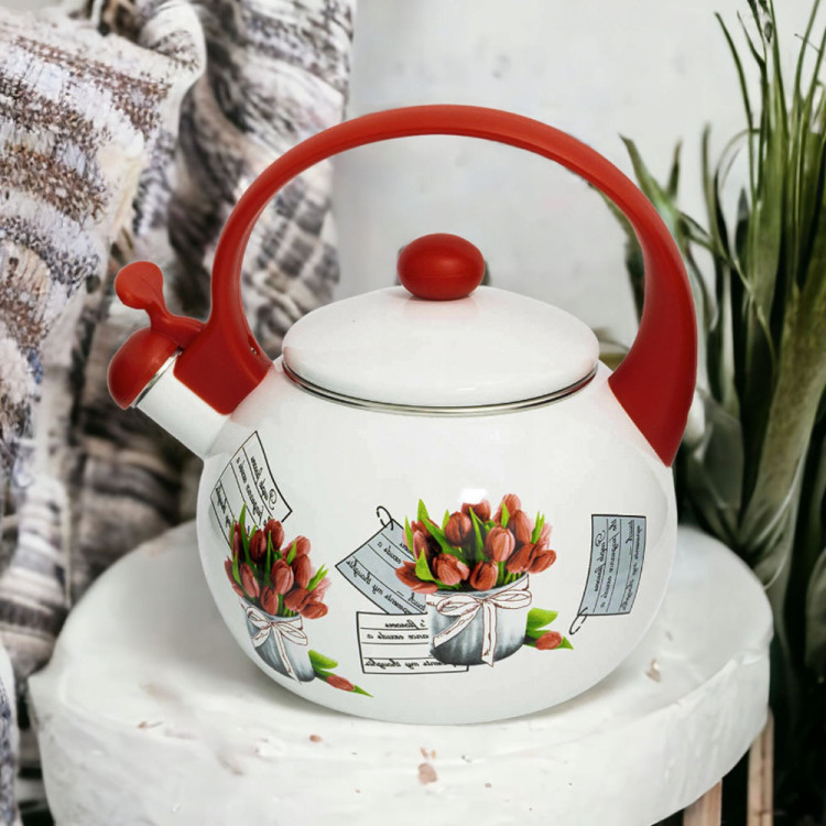 Czajnik tradycyjny z gwizdkiem emaliowany 2,2 litra MeyerHoff TR 80 Gift Flower biały w kwiaty