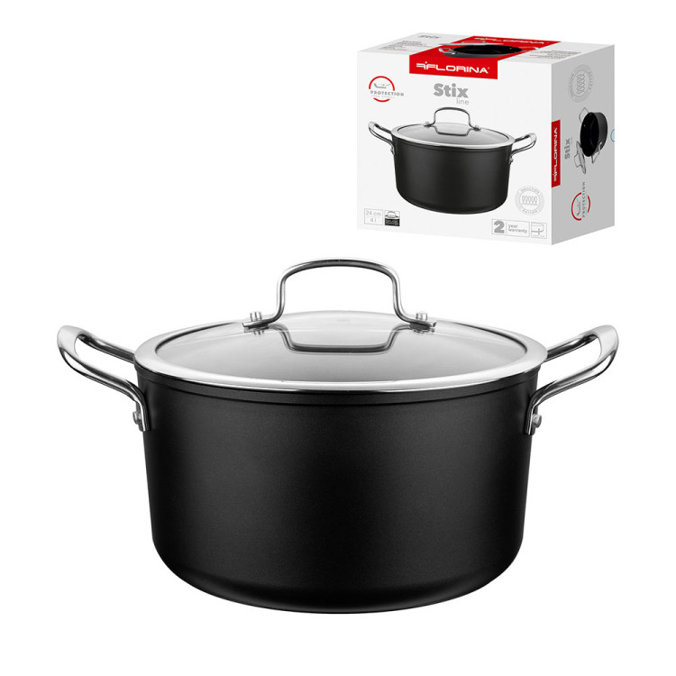 Garnek z pokrywką na indukcję i gaz Florina Stix 4 l aluminiowy czarny 24cm
