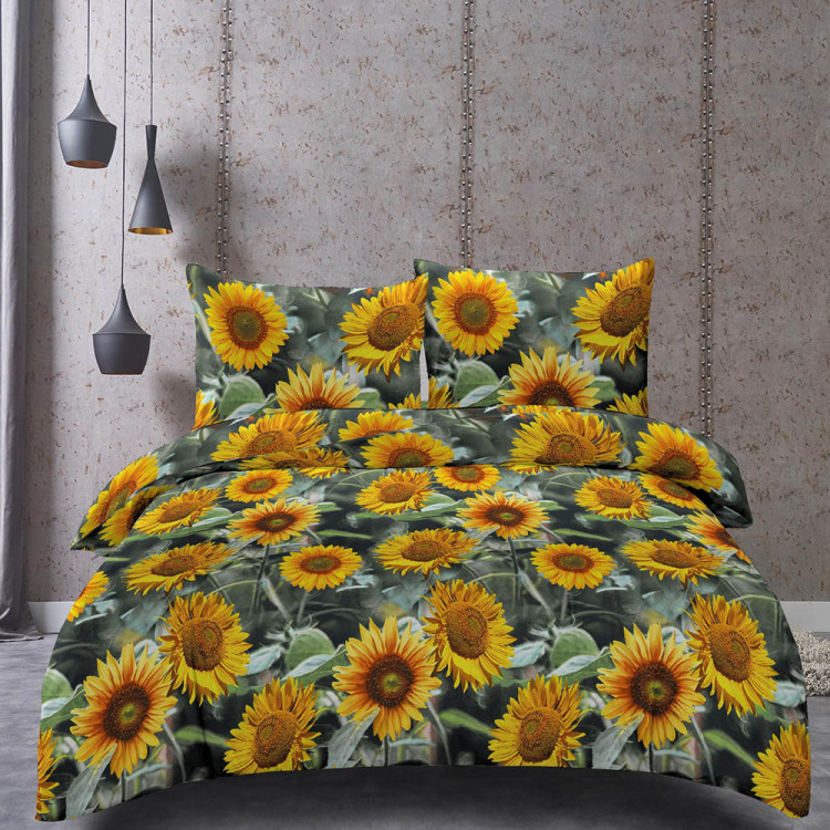 Pościel 200x220 bawełna satynowa 3D Cotton World gruba 3 części 2476 słoneczniki