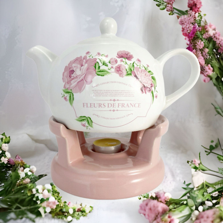 Czajnik 1L Dzbanek z podgrzewaczem zestaw Imbryk Flowers BL-T-39 Tragar