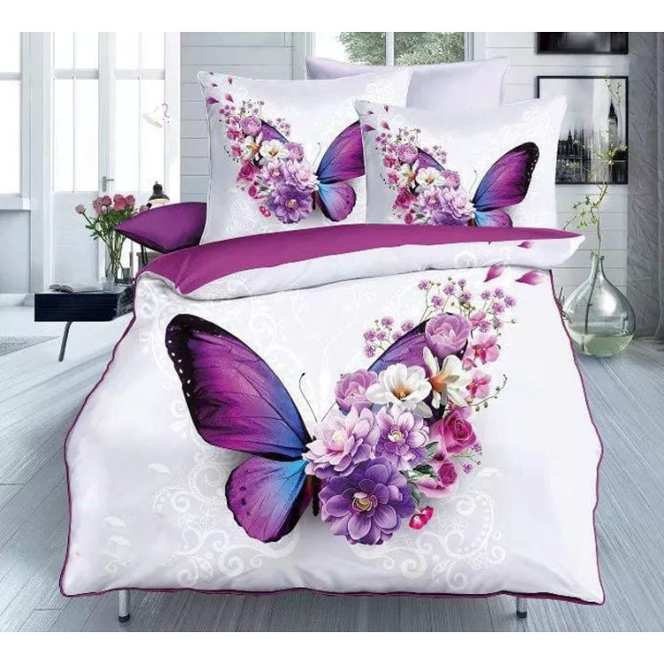 Pościel 160x200 bawełna satynowa 3D Cotton World gruba 3 części 370 motyl i kwiaty