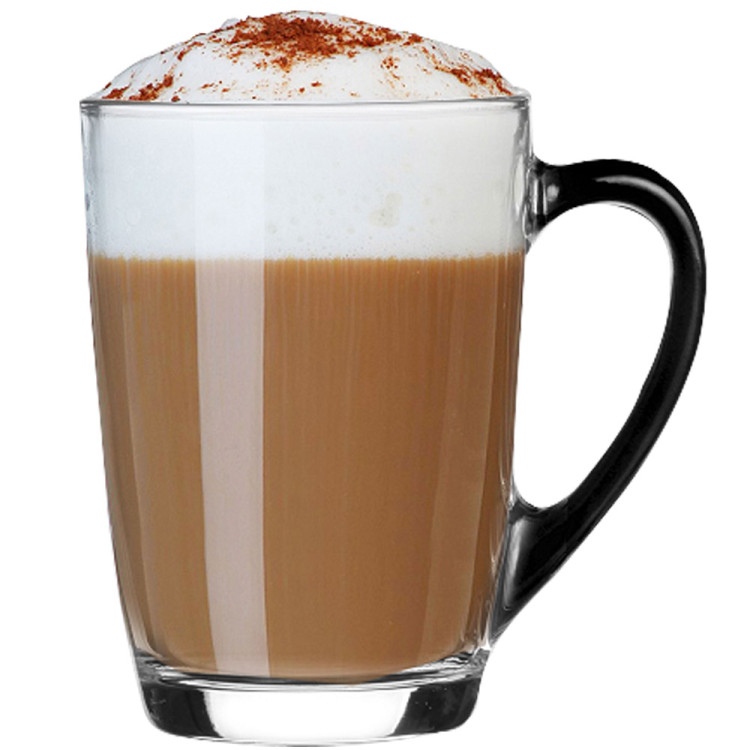 Szklanki z czarnym uchem 300 ml w zestawie z długimi łyżeczkami Glasmark Ala do herbaty kawy latte macchiato komplet 6 sztuk