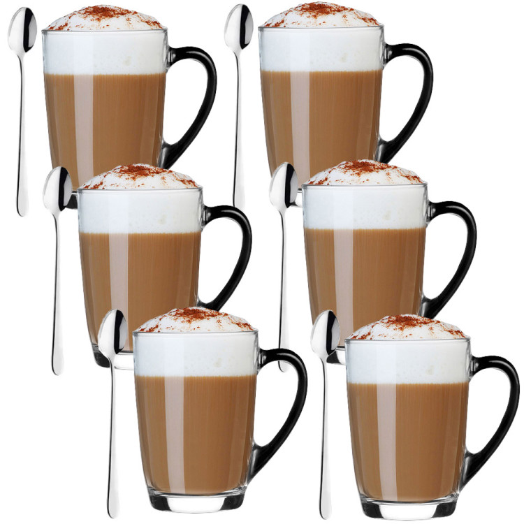 Szklanki z czarnym uchem 300 ml w zestawie z długimi łyżeczkami Glasmark Ala do herbaty kawy latte macchiato komplet 6 sztuk