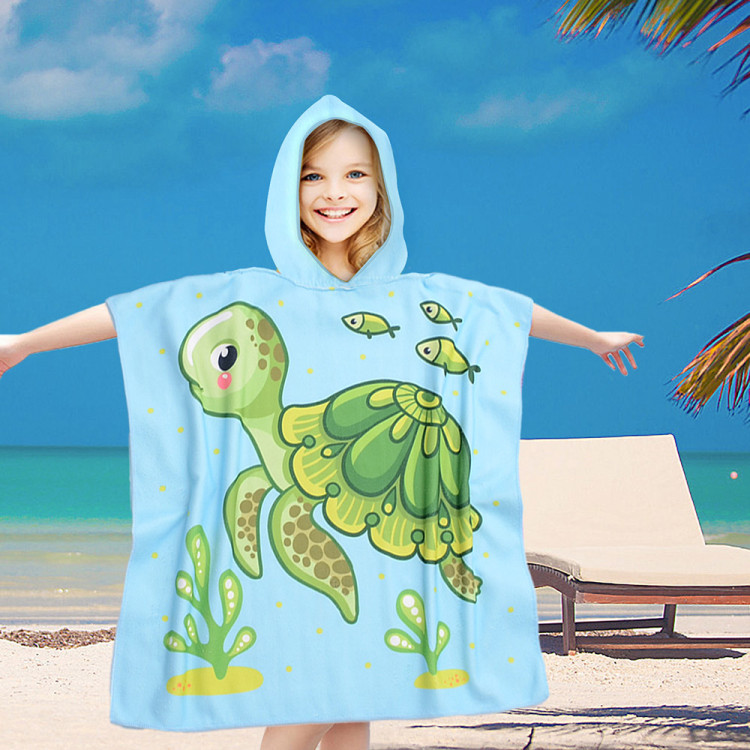 Ręcznik plażowy dla dzieci 60x120 cm Cotton World poncho z kapturem chłonna mikrofibra żółw morski PD 100-B (1)