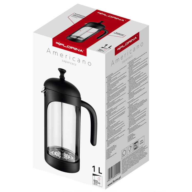 Szklany zaparzacz tłokowy do herbaty kawy ziół 1000 ml Florina Americano