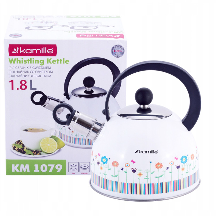 Czajnik tradycyjny z gwizdkiem emaliowany 1.8 litra Kamille KM-1079 kwiaty i paski