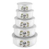 Pojemniki emaliowane miski Florina Dekor z pokrywką 0.3/0.5/0.75/1/1.5 l białe wzór pasta Emalia Pleszew zestaw 5 sztuk