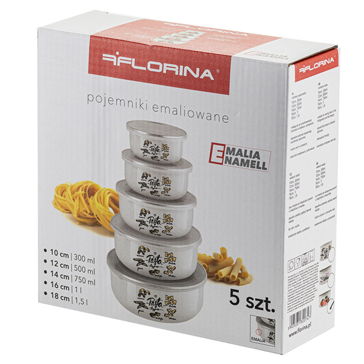 Pojemniki emaliowane miski Florina Dekor z pokrywką 0.3/0.5/0.75/1/1.5 l białe mix wzorów Emalia Pleszew zestaw 5 sztuk