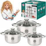 Garnki stalowe szczotkowane MG Home Moderno 6 el zestaw 3 garnków z pokrywkami na indukcję