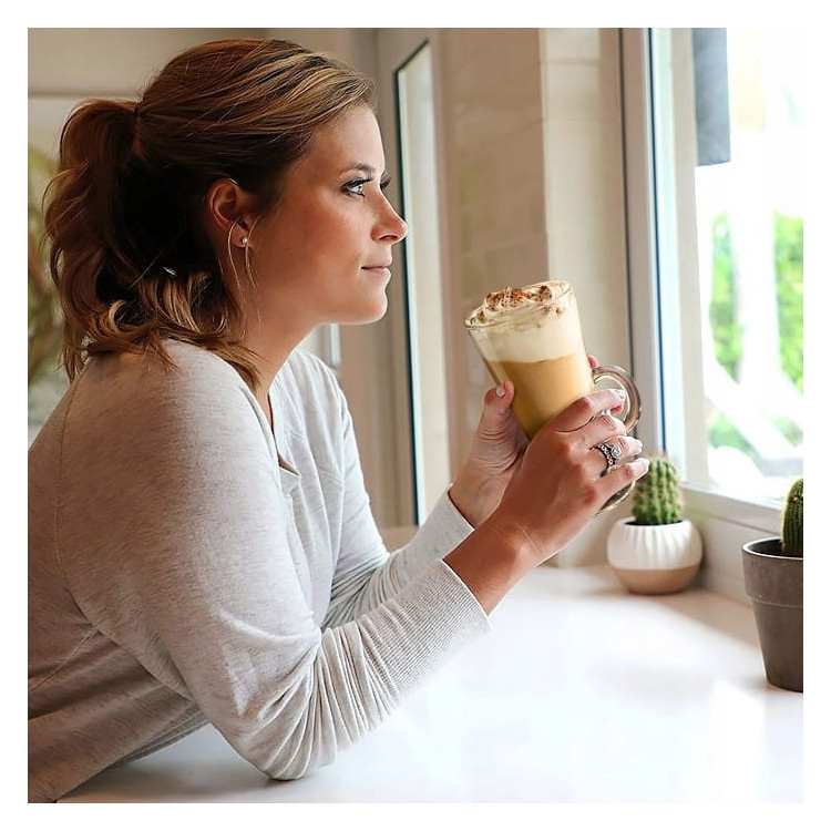 Szklanki do kawy latte Florina Boston 310 ml wysokie zestaw z długimi łyżeczkami i spieniacz do mleka 6 sztuk