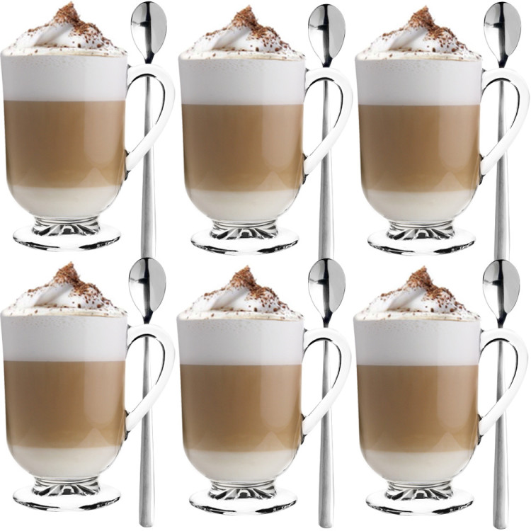Szklanki z uchem 310 ml Altom Werona kubki do herbaty kawy latte macchiato komplet 6 sztuk w zestawie z długimi łyżeczkami