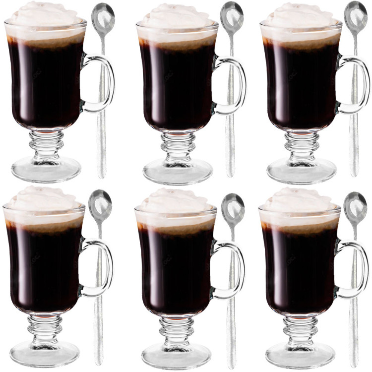 Szklanki do kawy latte Florina Irish 210 ml na nóżce zestaw z długimi łyżeczkami 6 sztuk
