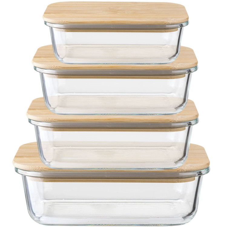 Zestaw 4 pojemników szklanych lunchbox z bambusową pokrywką 1500/1050/640/370 ml żaroodporne