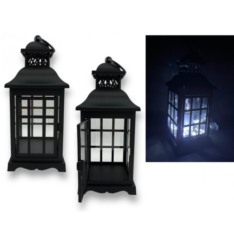 Lampion dekoracyjny z przeszklonymi ściankami w kratkę 11.2x11.2x26.5 cm latarenka czarna lam35725