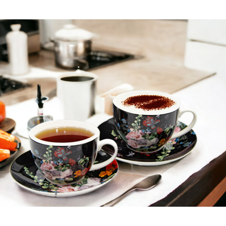 Serwis kawowy na 2 osoby porcelana zestaw 2 filiżanek ze spodkami Bella Fiore czarna w kwiaty 38979