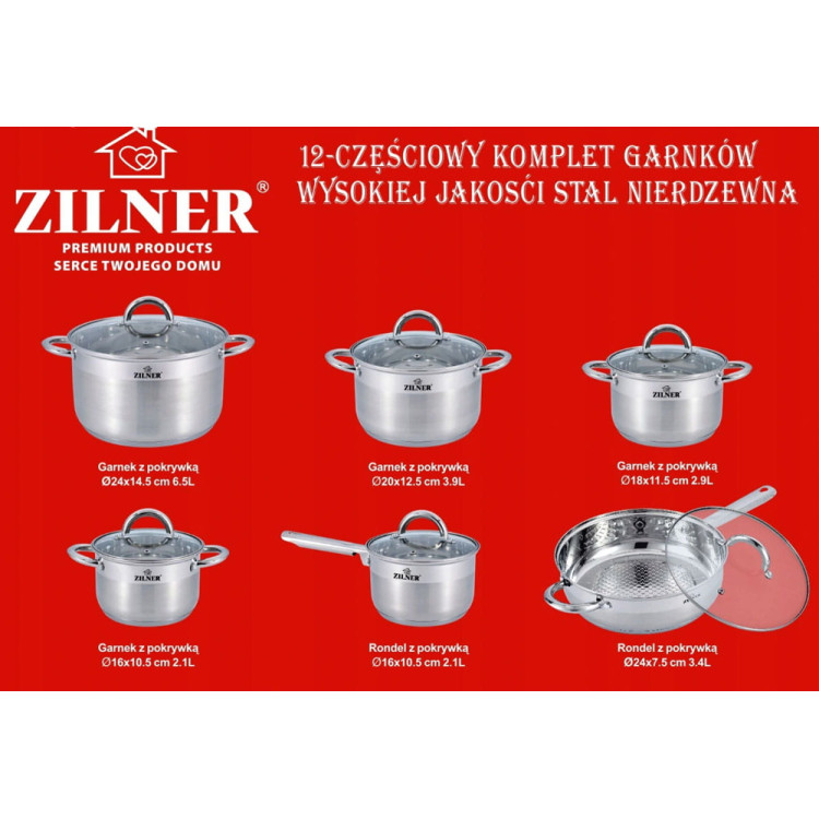 Garnki stalowe Zilner ZL 8106 zestaw 5 garnków i patelnia na indukcje