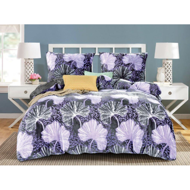 Pościel 160x200 mikrofibra "miś" Cotton World gruba 3 części 2524 fioletowe liście miłorzębu