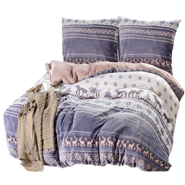Pościel 160x200 mikrofibra "miś" Cotton World gruba 3 części 879 fioletowo różowe w pasy z łosiami