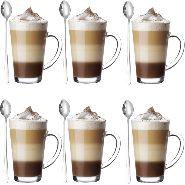 Szklanki do kawy herbaty z uchem 300 ml Glasmark Iwo komplet 6 sztuk z łyżeczkami latte