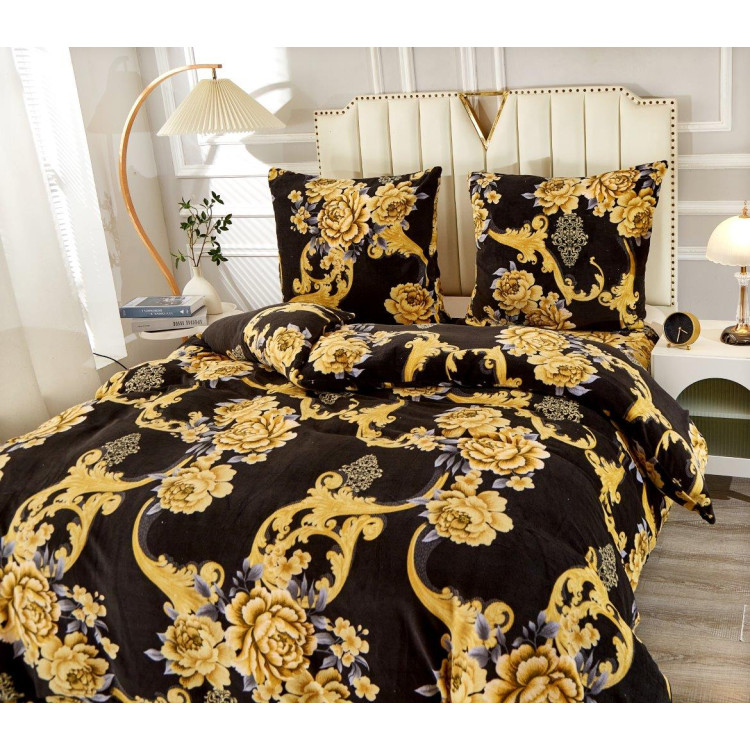 Pościel 160x200 mikrofibra "miś" Cotton World gruba 3 części 2574 czarna w złote kwiaty