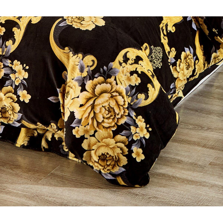 Pościel 160x200 mikrofibra "miś" Cotton World gruba 3 części 2574 czarna w złote kwiaty