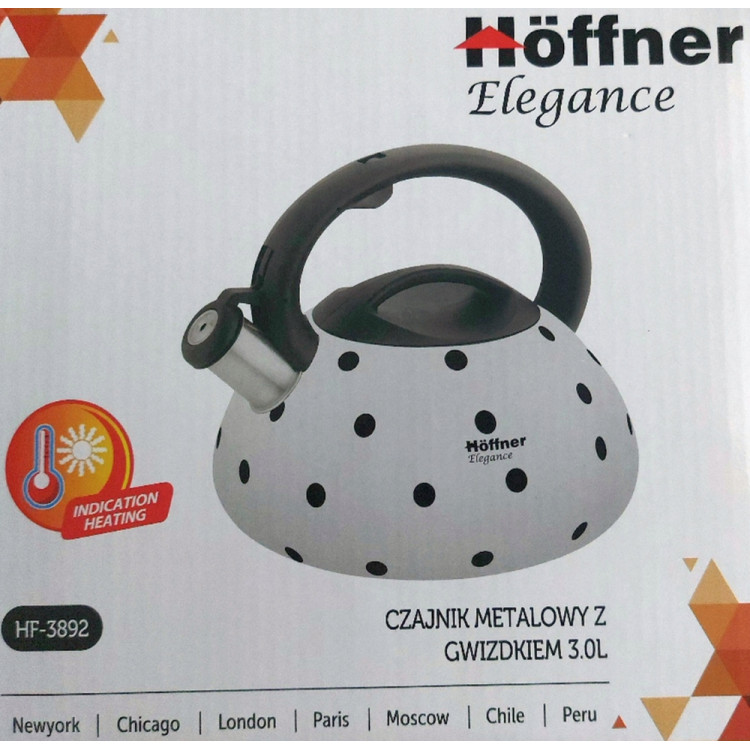 Czajnik 3 L biały w kropki Hoffner HF 3892 z gwizdkiem stalowy metalowy Indukcja