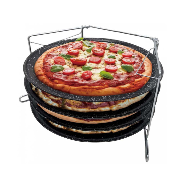 Blaszki do pizzy zestaw 4 form ze stojakiem czteropoziomowym Zilner ZL 2134 okrągłe blachy 32 cm