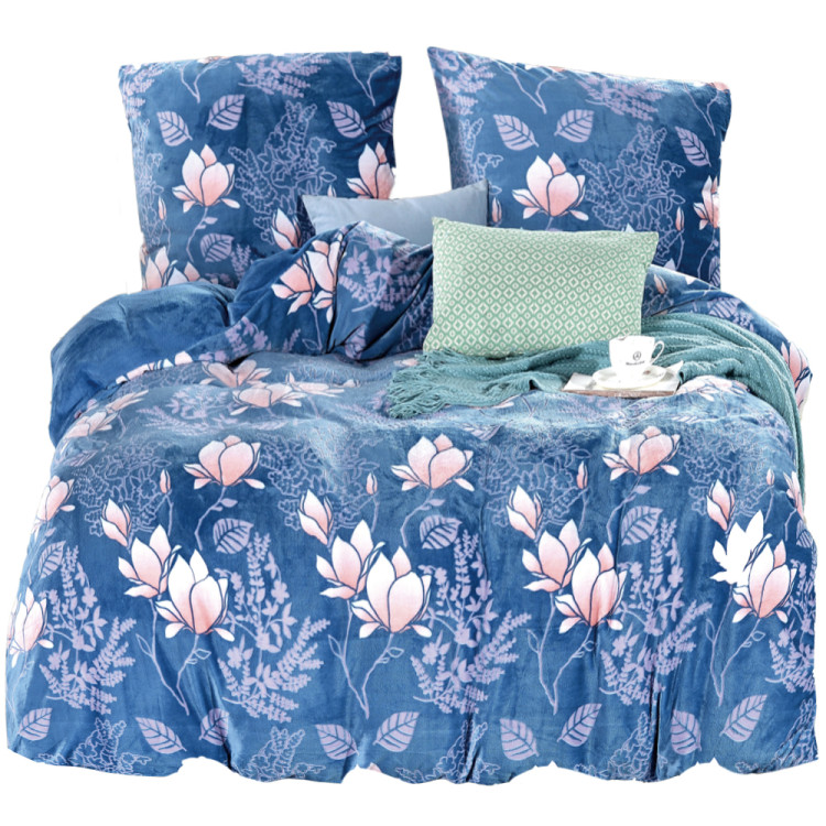 Pościel 220x200 mikrofibra "miś" Cotton World gruba 3 części 2534 niebieska w różowe kwiaty