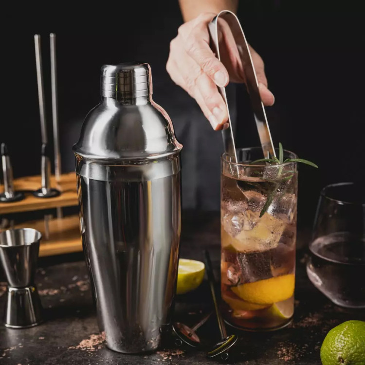 Zestaw barmański do drinków srebrny 15 elementów z stojakiem bambusowym przybory barowe Klausberg KB 7653