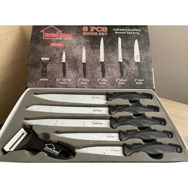 Noże kuchenne Swiss Home  SH- 9380 zestaw stalowe z ceramiczna powłoką 5 noży plus obieraczka