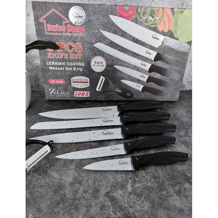 Noże kuchenne Swiss Home  SH- 9380 zestaw stalowe z ceramiczna powłoką 5 noży plus obieraczka