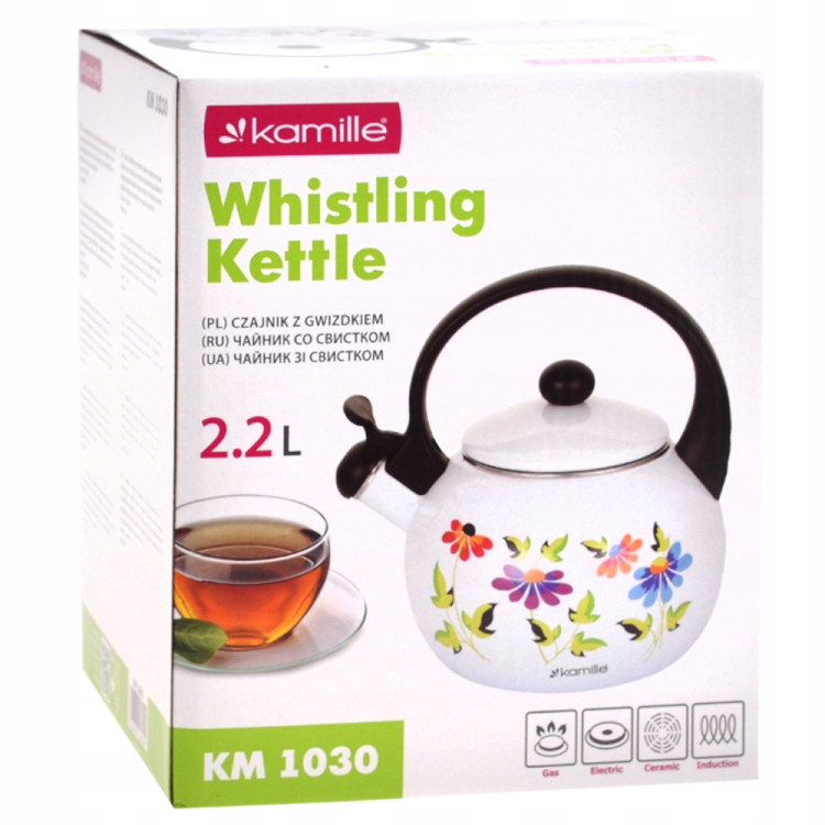 Czajnik tradycyjny z gwizdkiem emaliowany biały 2.2 l Kamille KM-1030 kwiaty