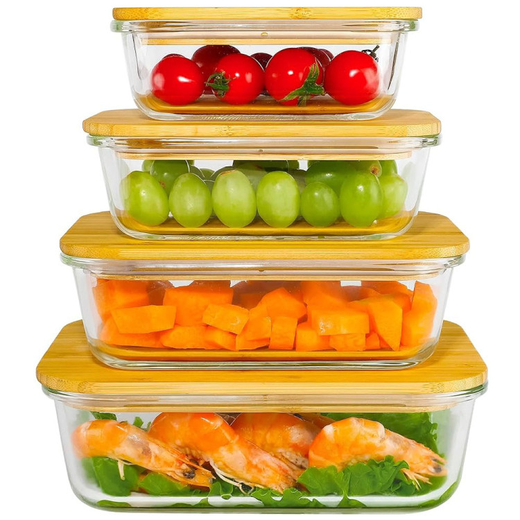 Pojemnik szklany lunchbox z bambusową pokrywką 640 ml żaroodporny