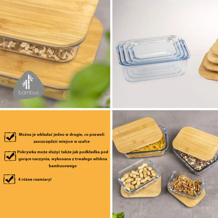 Pojemnik szklany lunchbox z bambusową pokrywką 640 ml żaroodporny