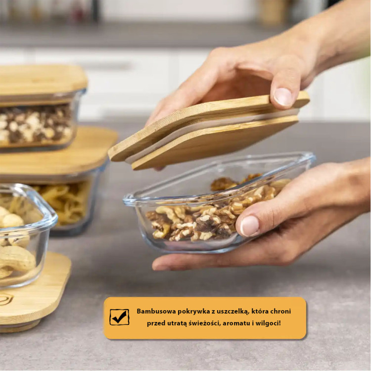 Pojemnik szklany lunchbox z bambusową pokrywką 640 ml żaroodporny