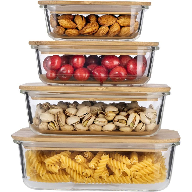 Pojemnik szklany lunchbox z bambusową pokrywką 370 ml żaroodporny
