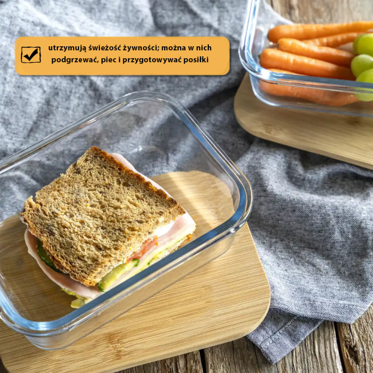 Pojemnik szklany lunchbox z bambusową pokrywką 370 ml żaroodporny