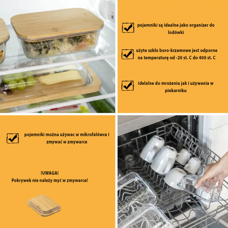 Pojemnik szklany lunchbox z bambusową pokrywką 370 ml żaroodporny
