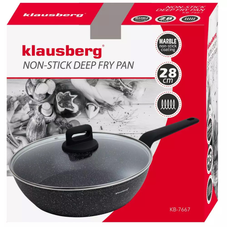 Patelnia głęboka marmurowa pokrywką duża 28 cm Klausberg KB 7667 czarny marmurek