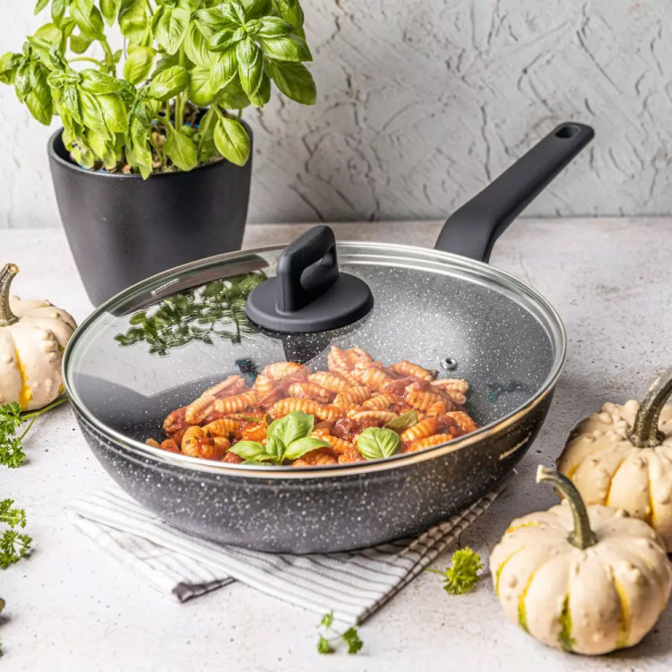 Wok z pokrywką 28 cm patelnia głęboka marmurowa duża Klausberg KB 7668 czarny marmurek