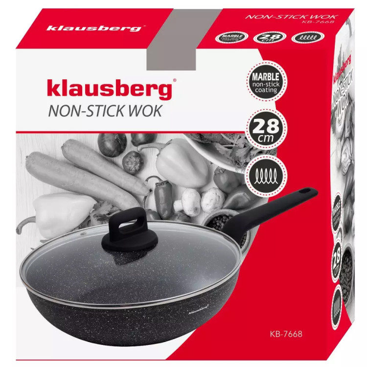 Wok z pokrywką 28 cm patelnia głęboka marmurowa duża Klausberg KB 7668 czarny marmurek
