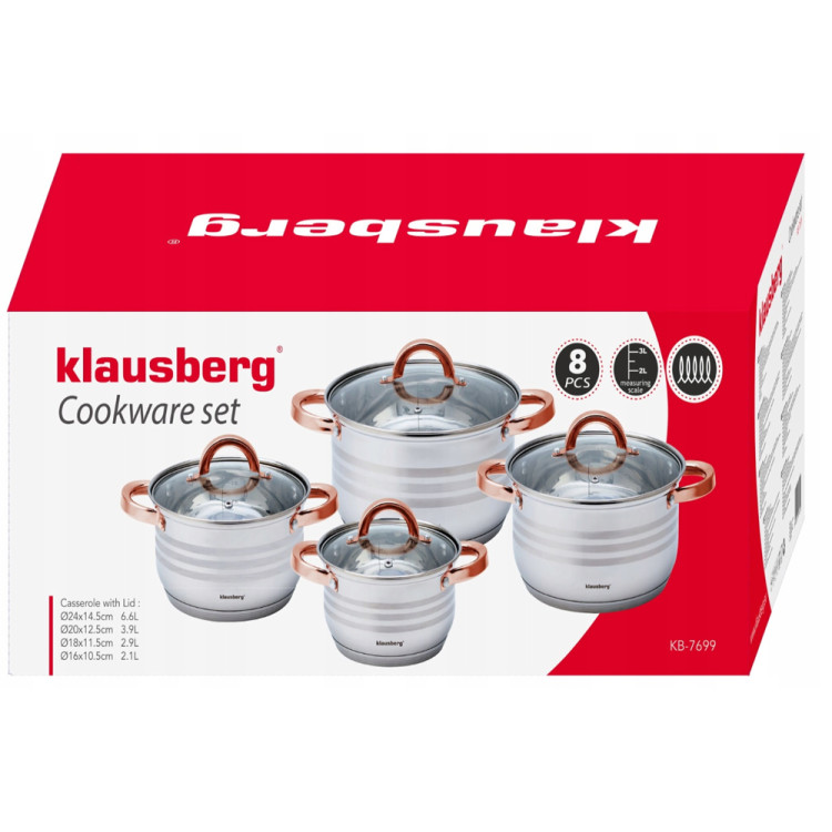 Garnki stalowe 2.1/2.9/3.9/6.6L zestaw 8 elementowy Klausberg KB 7699 uchwyty kolor różowego złota indukcja gaz