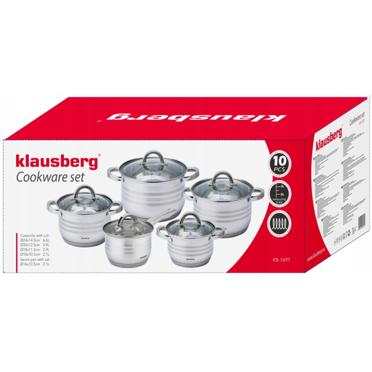 Garnki stalowe z rondlem 2.1/2.1/3.1/3.9/6.6L zestaw 10 elementowy Klausberg KB 7697 indukcja