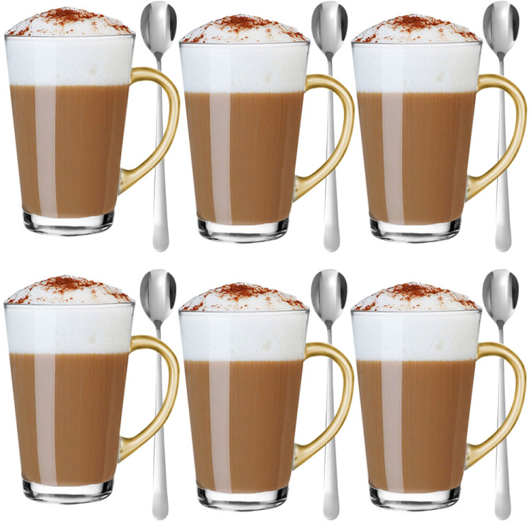 Szklanki ze złotym uchem 300 ml Glasmark Iwo do herbaty kawy latte macchiato komplet 6 sztuk z długimi łyżeczkami