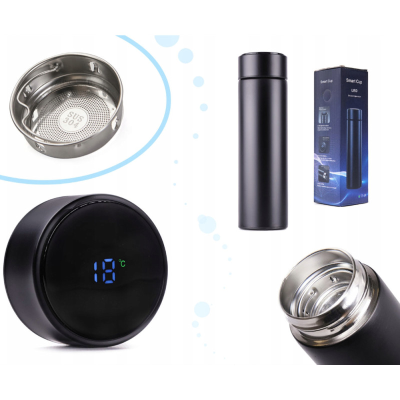 Kubek termiczny 500 ml z wyświetlaczem temperatury LED termos stalowy czarny Elitehoff Smart Cup 2206