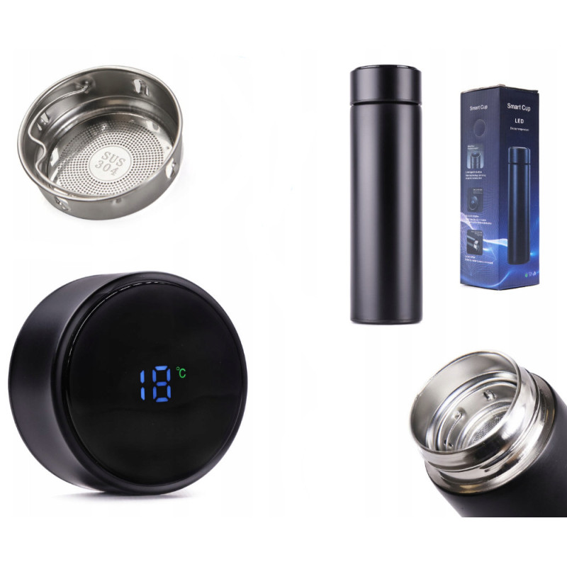 Kubek termiczny 500 ml z wyświetlaczem temperatury LED termos stalowy czarny Elitehoff Smart Cup 2206